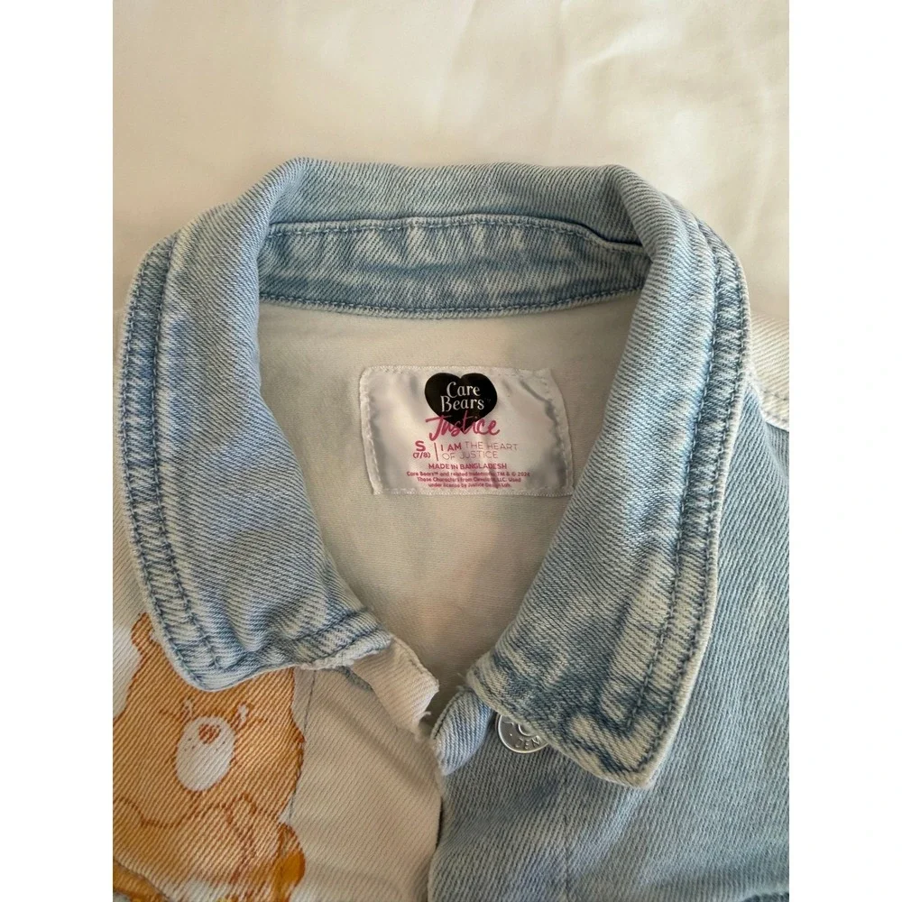 Justice Care Bears Girls Denim Jacket Blue White Colorblock Frayed Hem Size 7/8